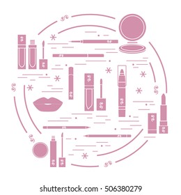 Vector illustration of different lip make-up tools arranged in a circle. Including icons of lipsticks, mirror, lip liner, lip gloss, lip. Glamour fashion vogue style. 