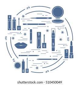Vector illustration of different lip make-up tools arranged in a circle. Including icons of lipsticks, mirror, lip liner, lip gloss, lip. Glamour fashion vogue style. 