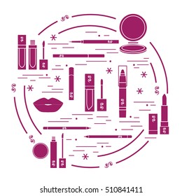 Vector illustration of different lip make-up tools arranged in a circle. Including icons of lipsticks, mirror, lip liner, lip gloss, lip. Glamour fashion vogue style. 