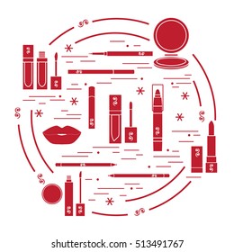 Vector illustration of different lip make-up tools arranged in a circle. Including icons of lipsticks, mirror, lip liner, lip gloss, lip. Glamour fashion vogue style. 