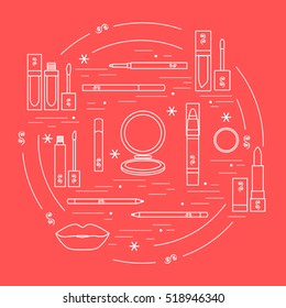 Vector illustration of different lip make-up tools arranged in a circle. Including icons of lipsticks, mirror, lip liner, lip gloss, lip. Glamour fashion vogue style. 