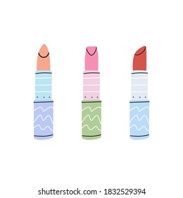 Vector illustration of different lipsticks in tubes. Various lipstick shape and color. Hand drawn flat cartoon style.