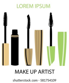 Vector illustration of different mascara. Make up artist. Business card idea.