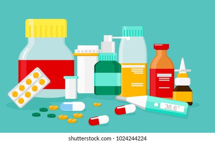 Ilustración vectorial de diferentes pastillas y botellas médicas, farmacia, farmacia, farmacia. Concepto de asistencia sanitaria de estilo plano.