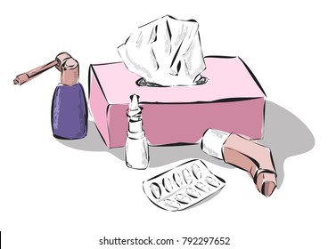 Vector illustration of different medicines and a box of tissues.