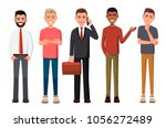 Vector illustration of different men. Man in casual or official clothes, young black guy, man with blond hair. Cartoon realistic people. Flat young people. Worker in a shirt with phone in one hand.