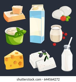 Vector illustration of different milk products. Cartoon style pictures isolate on white