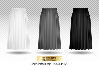 Vector illustration of different model skirt on transparent background. pleated skirt mock up. White, gray and black variation