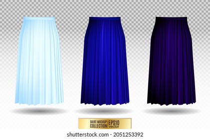 Vector illustration of different model skirt on transparent background. pleated skirt mock up. Blue variation