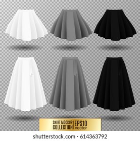 Vector illustration of different model skirt on transparent background. pleated skirt mock up. White, gray and black variation