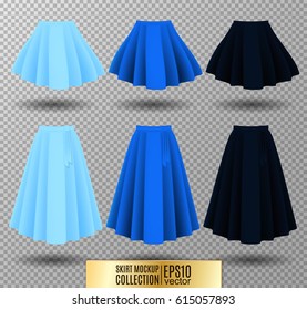 Vector Illustration Of Different Model Skirt On Transparent Background. Skirt Mockup. Light, Bright And Dark Blue Variation.