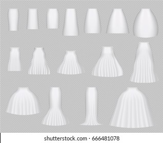 Vector illustration of different model skirt design isolated on transparent background. White blank realistic 3d skirt mock up set. Fashion casual cloth design.