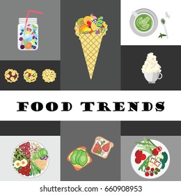 Vector Illustration For Different Modern Food Trends As Buddha Bowl Or Matcha Latte In Collage Style Design