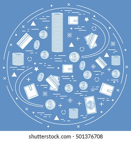 Vector illustration of different money, investment and financial icons arranged in a circle. Including icons of purse, money bill, credit card, bitcoin, pile of bitcoins on a colored background. 