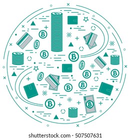 Vector illustration of different money, investment and financial icons arranged in a circle. Including icons of purse, money bill, credit card, bitcoin, pile of bitcoins on white background. 