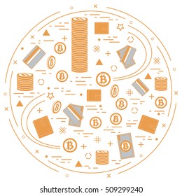 Vector illustration of different money, investment and financial icons arranged in a circle. Including icons of purse, money bill, credit card, bitcoin, pile of bitcoins on white background. 