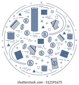 Vector illustration of different money, investment and financial icons arranged in a circle. Including icons of purse, money bill, credit card, bitcoin, pile of bitcoins on white background. 
