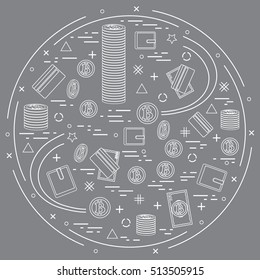 Vector illustration of different money, investment and financial icons arranged in a circle. Including icons of purse, money bill, credit card, pile of bitcoins on  colored background. 
