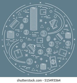 Vector illustration of different money, investment and financial icons arranged in a circle. Including icons of purse, money bill, credit card, bitcoin, pile of bitcoins on  colored background. 