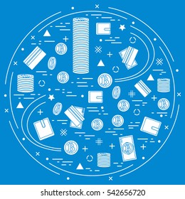 Vector illustration of different money, investment and financial icons arranged in a circle. Including icons of purse, money bill, credit card, bitcoin, pile of bitcoins on a colored background. 