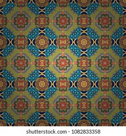 Vector illustration. Different mosaic textures. Relief waves of ornamental mosaic tile patterns in gray, green and blue colors. Ornate seamless texture background.