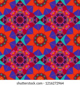 Vector illustration. Different mosaic textures. Ornate seamless texture background. Relief waves of ornamental mosaic tile patterns in blue, purple and red colors.