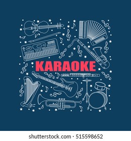 Vector illustration with different music instruments: synthesizer, drums, accordion, violin, trumpet, harp, drum, saxophone, electric, guitar, flute. Place for your text. Karaoke.