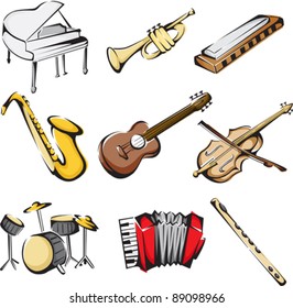 A vector illustration of different musical instruments icons