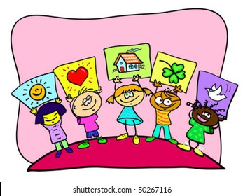 Vector illustration of different nationality children holding up pictures with symbols.