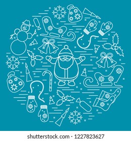 Vector illustration of different new year and christmas symbols arranged in a circle. Winter elements made in line style.