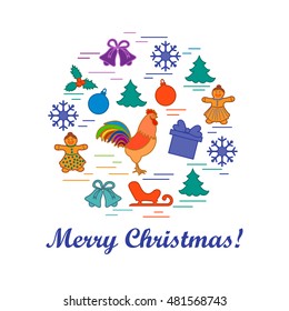 Vector illustration of different new year and christmas symbols arranged in a circle. Painted in bright colors winter elements.