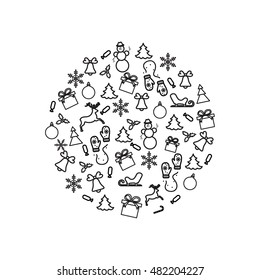 Vector illustration of different new year and christmas symbols arranged in a circl. Winter elements made in line style. 