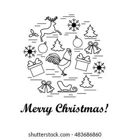Vector illustration of different new year and christmas symbols arranged in a circl. Winter elements made in line style. 
