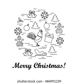 Vector illustration of different new year and christmas symbols arranged in a circl. Winter elements made in line style. 