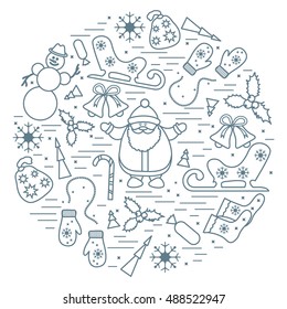 Vector illustration of different new year and christmas symbols arranged in a circle. Winter elements made in line style. 