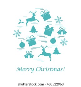 Vector illustration of different new year and christmas symbols arranged in a circle. 