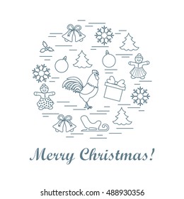 Vector illustration of different new year and christmas symbols arranged in a circle. Winter elements made in line style. 