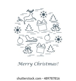 Vector illustration of different new year and christmas symbols arranged in a circle. Winter elements made in line style. 