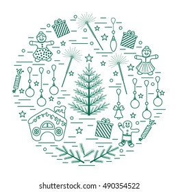 Vector illustration of different new year and christmas symbols arranged in a circle. Winter elements made in line style. 