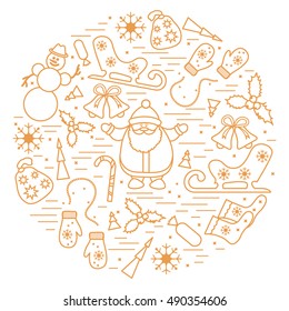 Vector illustration of different new year and christmas symbols arranged in a circle. Winter elements made in line style. 