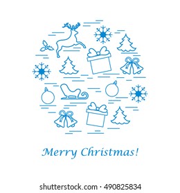 Vector illustration of different new year and christmas symbols arranged in a circle. Winter elements made in line style. 