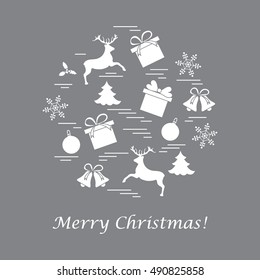 Vector illustration of different new year and christmas symbols arranged in a circle. 