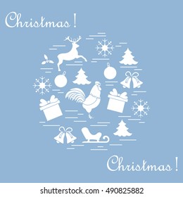 Vector illustration of different new year and christmas symbols arranged in a circle. 