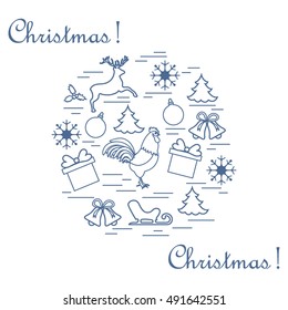 Vector illustration of different new year and christmas symbols arranged in a circle. Winter elements made in line style. 