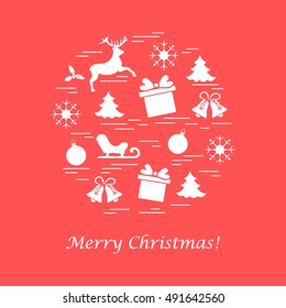 Vector illustration of different new year and christmas symbols arranged in a circle.