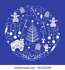 Vector illustration of different new year and christmas symbols arranged in a circle. 