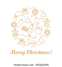 Vector illustration of different new year and christmas symbols arranged in a circle. Winter elements made in line style. 