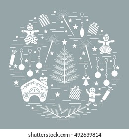 Vector illustration of different new year and christmas symbols arranged in a circle. 