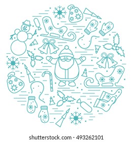 Vector illustration of different new year and christmas symbols arranged in a circle. Winter elements made in line style. 