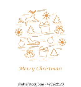 Vector illustration of different new year and christmas symbols arranged in a circle. Winter elements made in line style. 